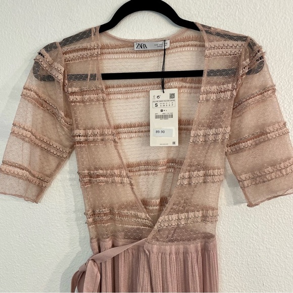 Zara Knit & Lace Wrap Dress Long Blush Pink Semi-Sheer V-Neck Size Small - Picture 5 of 16